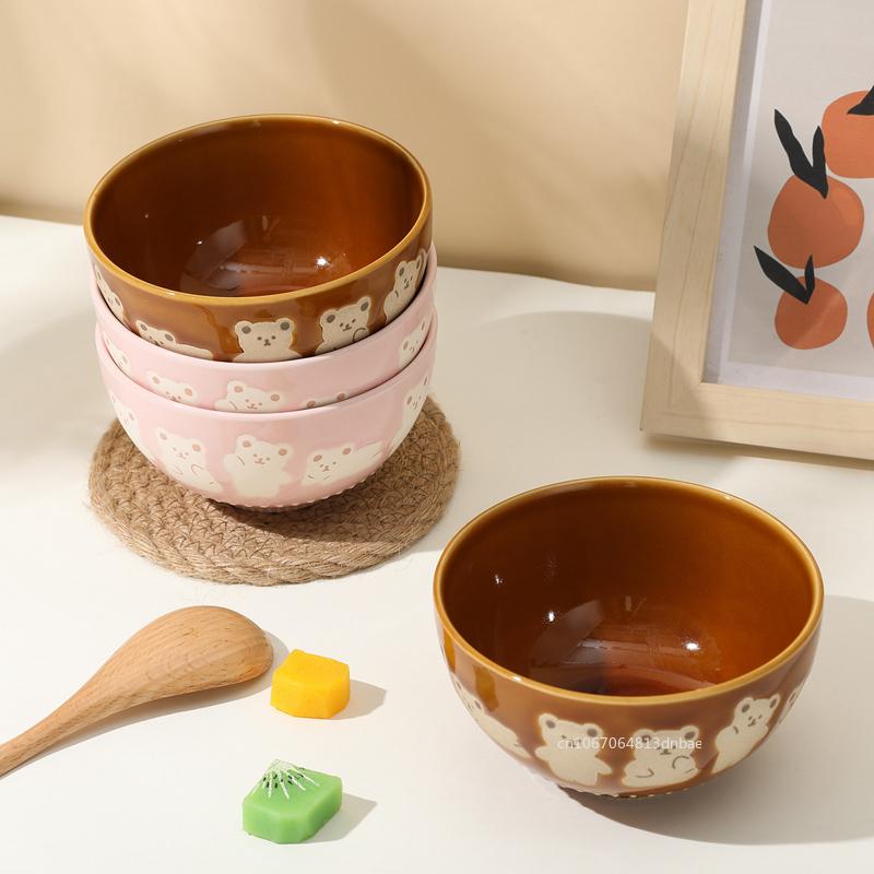 Корейская миска с изображением медведя Kawaii, керамическая миска для риса с котенком, миска для овсянки и молока, безопасная для использования в микроволновке, бытовая тарелка для кошек