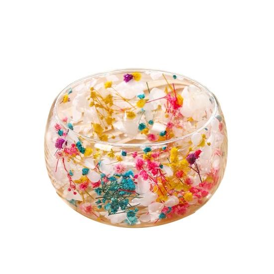 Стеклянная миска с двойными стенками с настоящими прессованными цветами, термо- и холодостойкая, прозрачная миска для подачи салатов, десертов, милый декор для дома и кухни