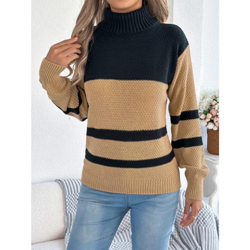 Women S Casual Striped Color Block High Neck Long Sleeve Sweater