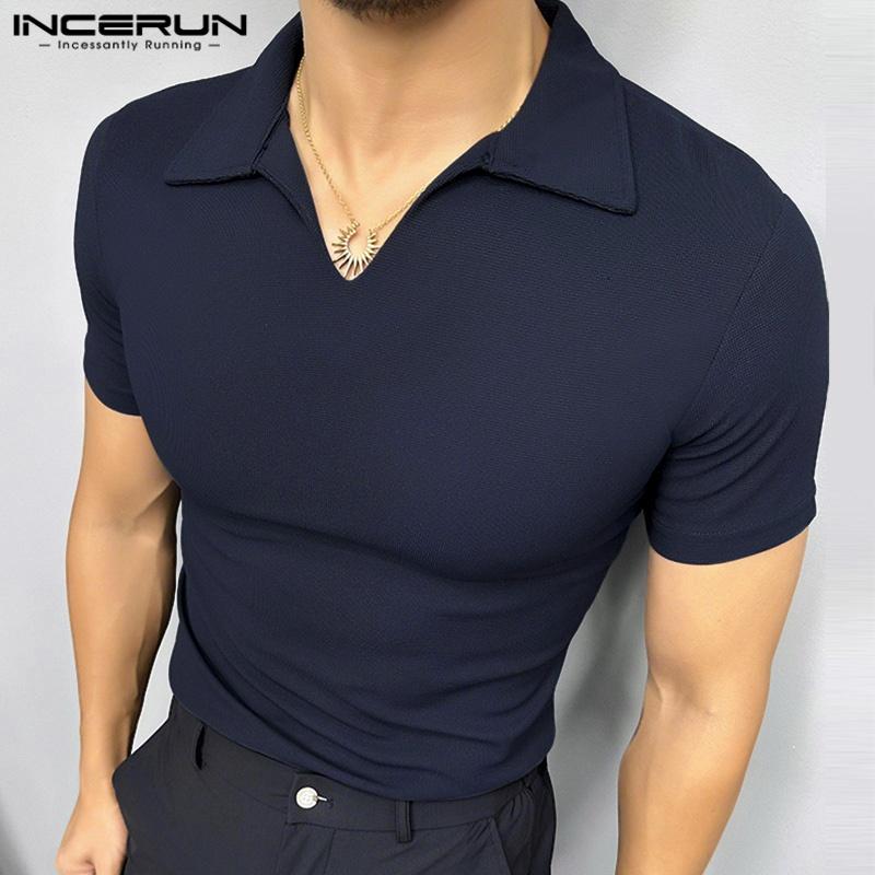 INCERUN Мужские футболки с лацканами, коротким рукавом, однотонные, повседневные, приталенные