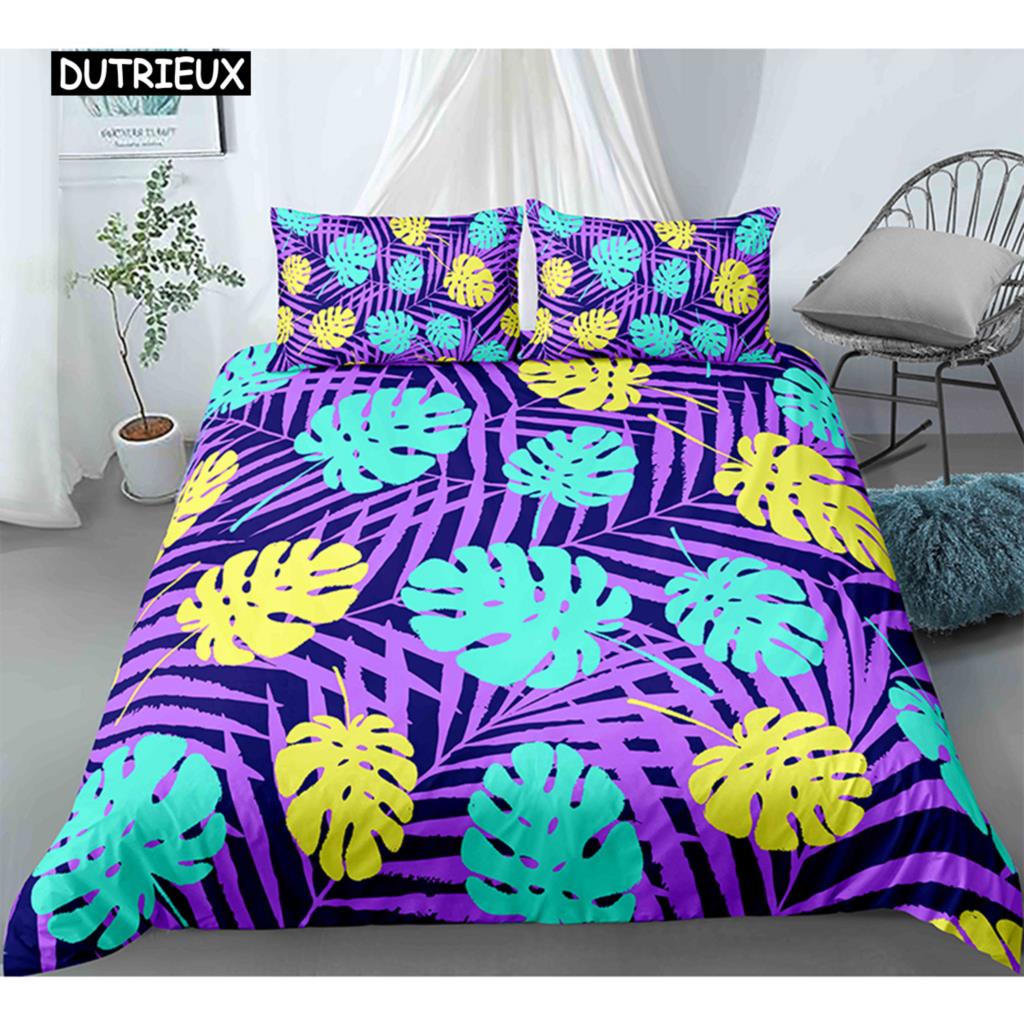 Тропические Ботанические Листья King Size Queen Size Пододеяльник Зеленые Пальмовые Листья Премиум Полиэстер Комплект Постельного Белья для Детей Подростков Взрослых с Наволочкой