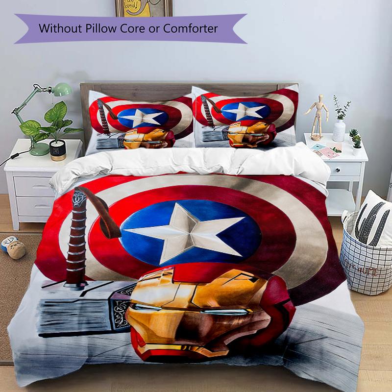 3Pcs Captain America'S Shield Iron Man Helmet Bedding Set Quilt Cover Pillowcase Home Christmas Xmas Halloween Gift 1 Duvet Cover 2 Pillowcase M928661