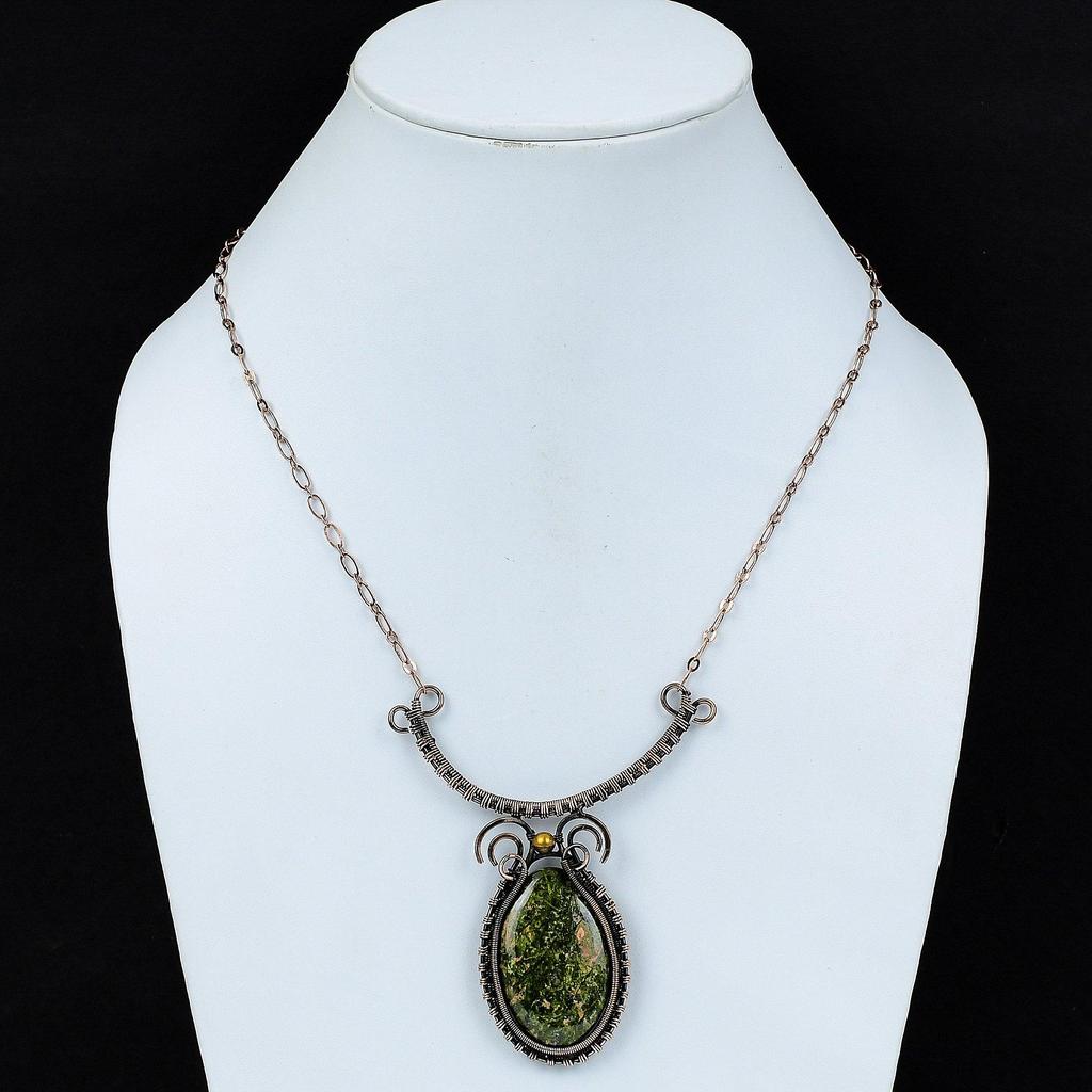 Ожерелье из драгоценных камней унакит, обернутое медной проволокой, регулируемое медное ожерелье, ювелирные изделия ручной работы, ожерелье из проволоки, специальный женский подарок