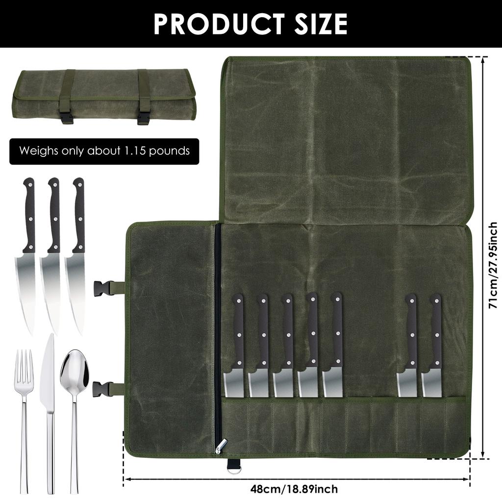 10 Slots Knife Roll Bag Waterproof Canvas Chef Knife Bag with Zipper Pocket Portable Durable Storage Pockets for Cutting Tools