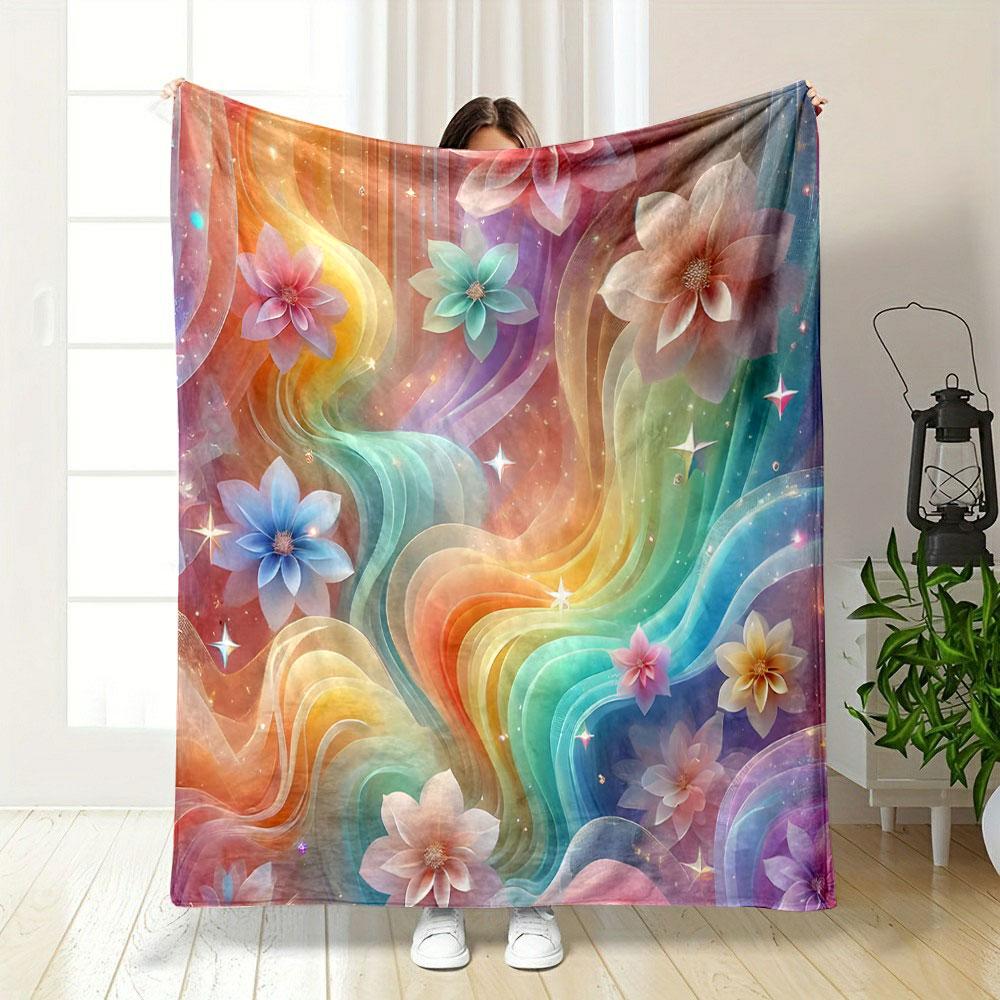 Rainbow Flowers with Sparkling Stars Patterned blanket, flannel, suitable for all seasons, home decor, warm and cozy