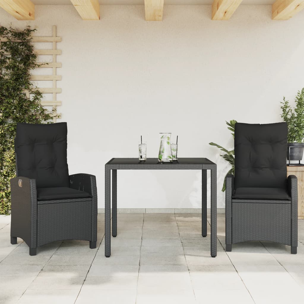 3 Piece Outdoor Dining Set with Cushions Black Poly Rattan
