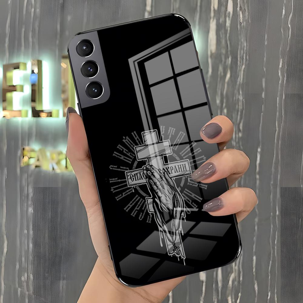 Иконка Православного Креста Чехол для Телефона Для Samsung A25 A13 A33 5G A54 A36 A35 A56 A52 A14 Ударопрочный Стеклянный Чехол