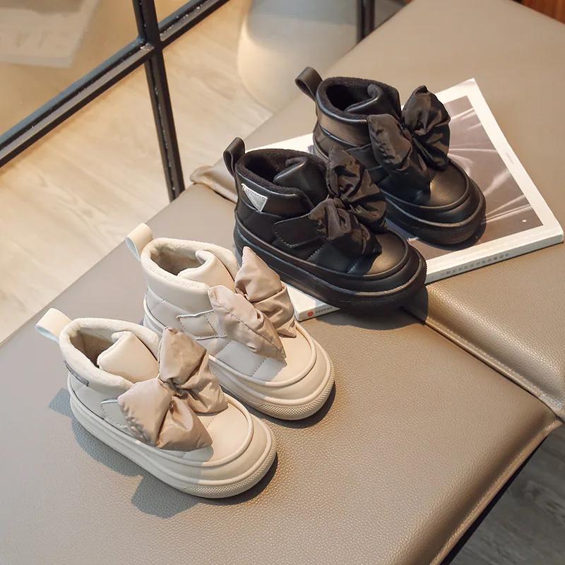 Девочки Хлопок Плюшевые Теплые Короткие Ботинки 2024 Зима Принцесса Корейский Стиль Бант Ботильоны Маленькие Дети Мода Повседневная Обувь Нескользящие
