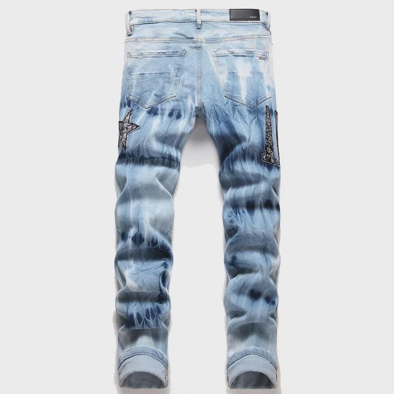 AM Punk Retro Stretch Slim Fit Casual Hole Print Skinny Jeans