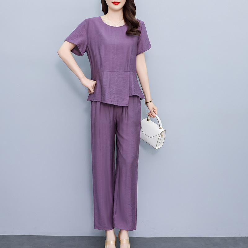Летние комплекты из двух предметов для женщин, элегантные однотонные комплекты брюк с высокой талией больших размеров