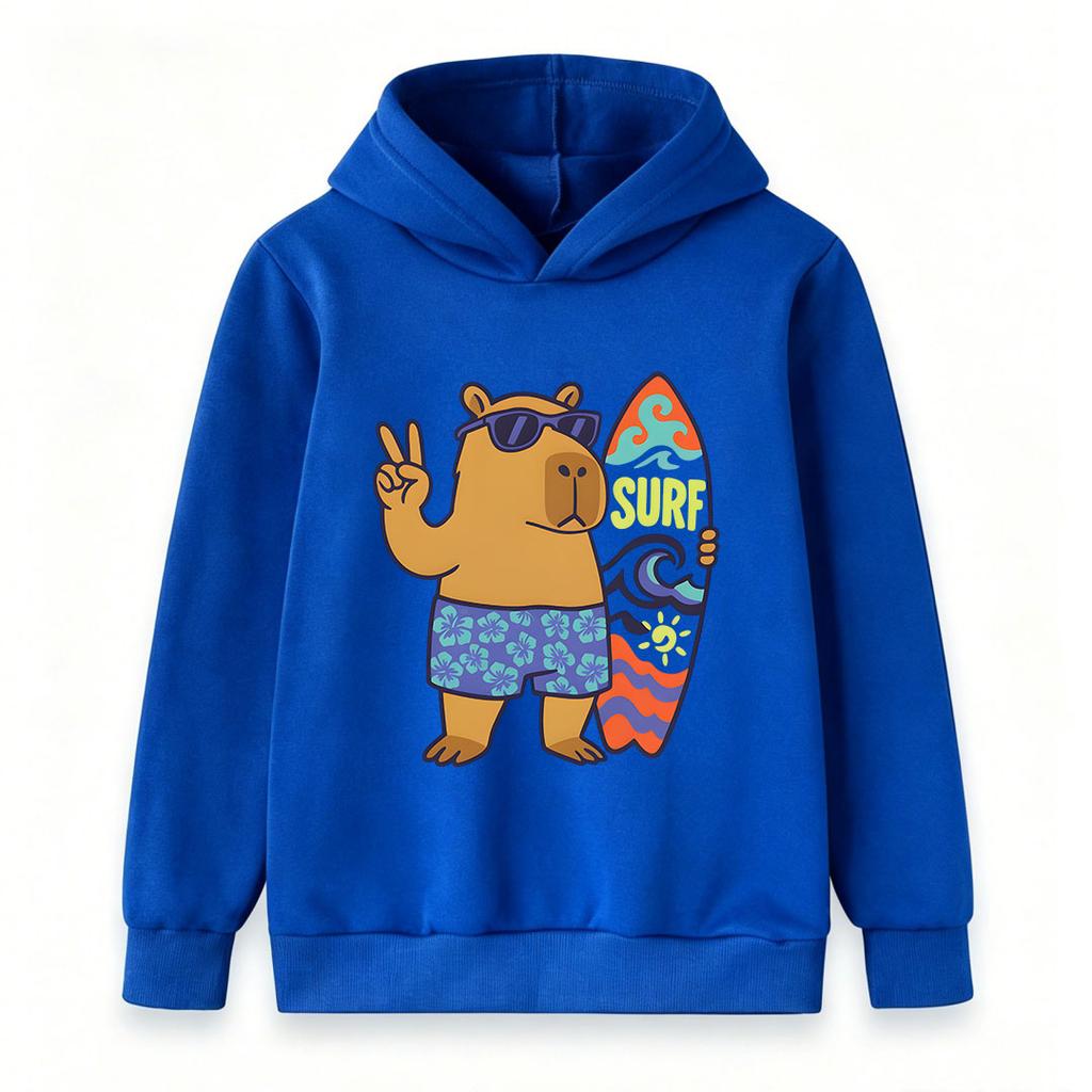 Kids Boys Girls Hoodie Cute Surf Capybara Pattern Pullover Sweatshirt Casual Lightweight Loose Hooded Top For Summer Beach Vacation Holiday Daily Wear