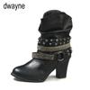 Vintage Belt Buckles Women Boots Autumn Winter Patchwork Square Heels Round Toe Ankle Boots Ladies Boots 758