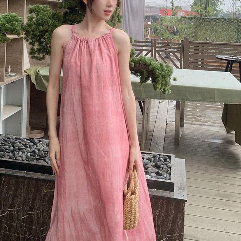 Розовое платье на подтяжках, женская юбка, пляжное платье для отдыха на море, юбка с вырезом