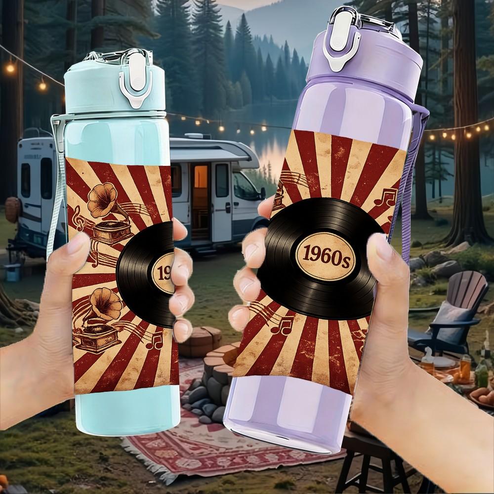 1PC Pillow Style Vinyl Record Art Print 750ml Color Plastic Sports Water Bottle Leakproof Flip Straw Lid Suitable for Sports Office Home Use
