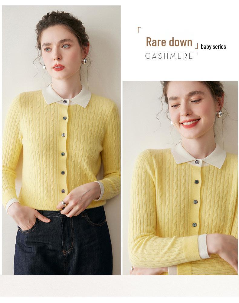 Women's Colorblock Cable Knit Cardigan with Faux Two-Piece Polo Neck Sweater