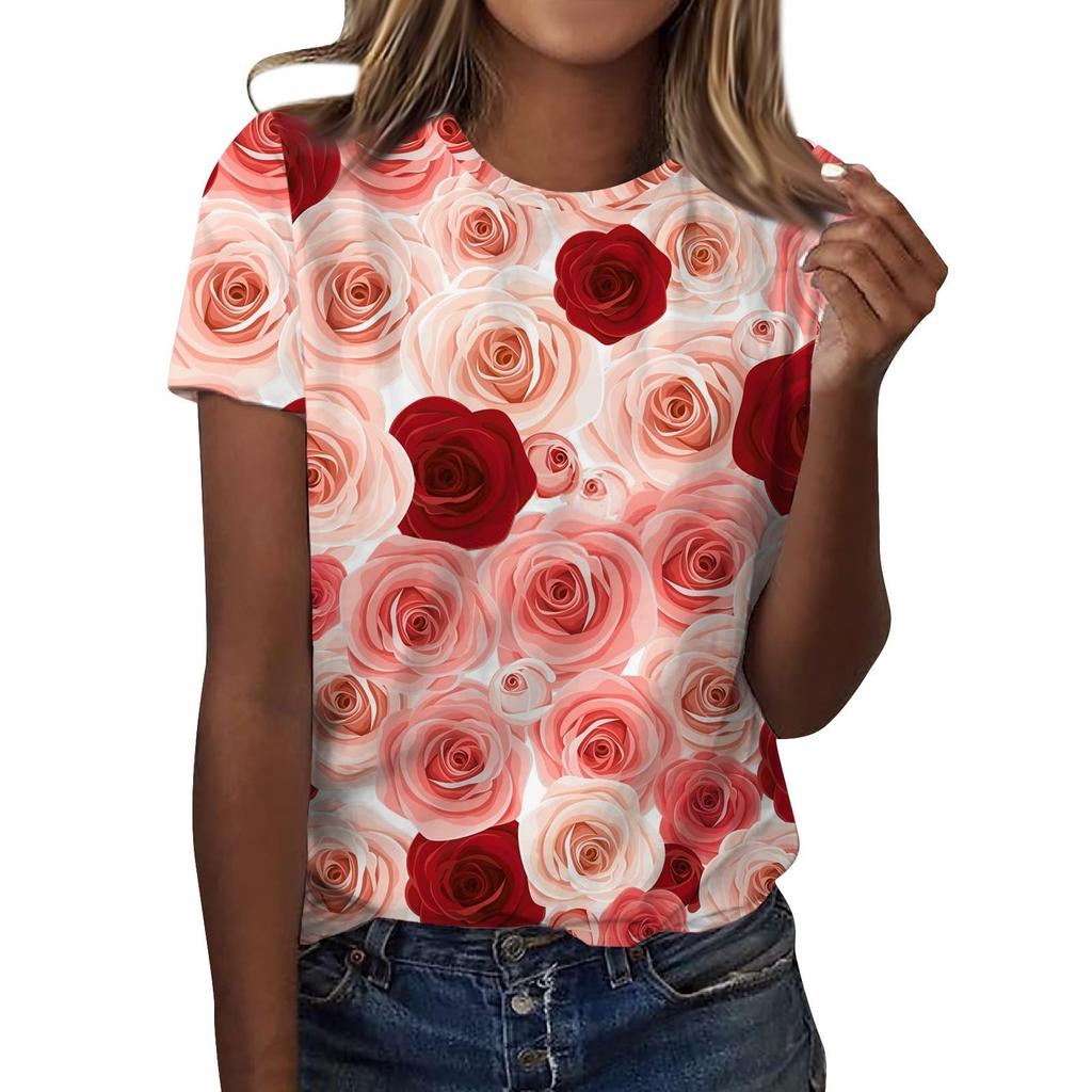 Футболки с цветочным принтом «Роза», женская модная футболка с коротким рукавом и круглым вырезом, Y2k Harajuku, футболки больших размеров, топы, женская одежда