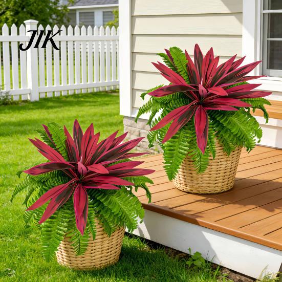 Fake Hanging Plants for Patio UV-Resistant Artificial Fern And Red Dracaena Decorative Plants, Lifelike Faux Full Lush Easy Clean Greenery Plant Ferns