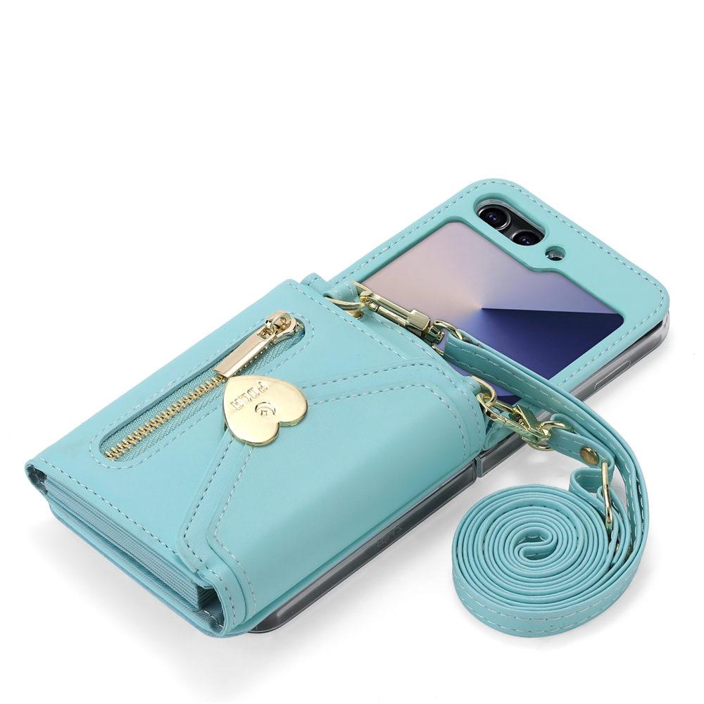 Love Heart Zipper Crossbody Wallet Leather Case For Samsung Galaxy Z Flip 6 Flip 5 4 3 Cards Holder Long Lanyard Cover
