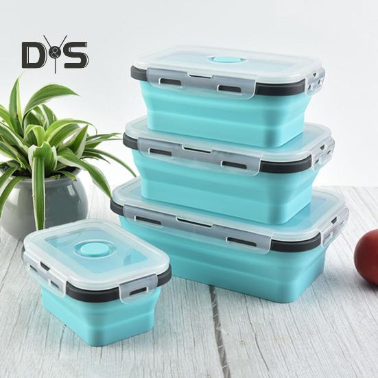 4Pcs Collapsible Food Storage Container With Lids Flat Stackable Refrigerator Food Box Set Silicone Food Sealed Crisper Lunch Bento Box For