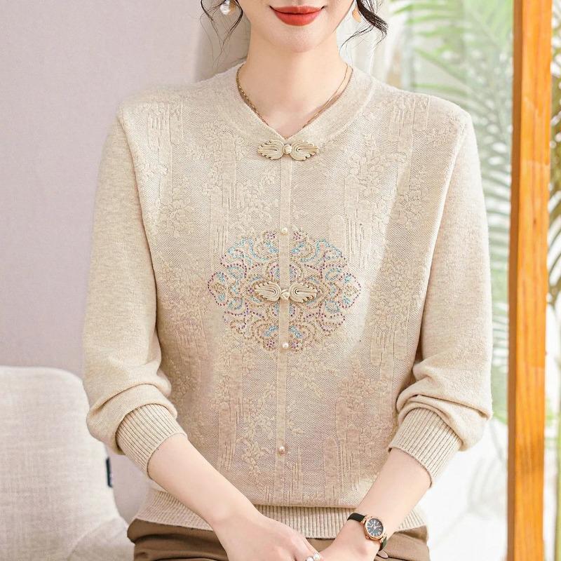 Spring Autumn Long Sleeve Sweater Women's Base Shirt Fashionable Mom Knitted Thin Tops for Middle-aged