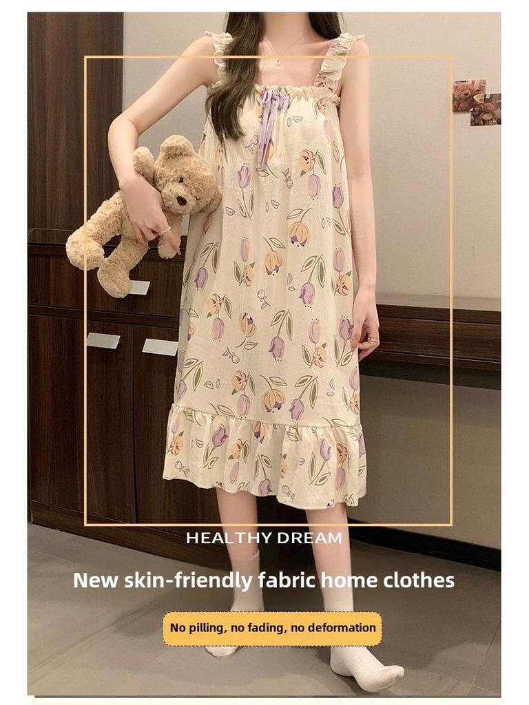 Women's Summer Pajamas - Cute Sweet Sling with Chest Pads, Medium/Long Loose Nightdress, Thin Home Wear