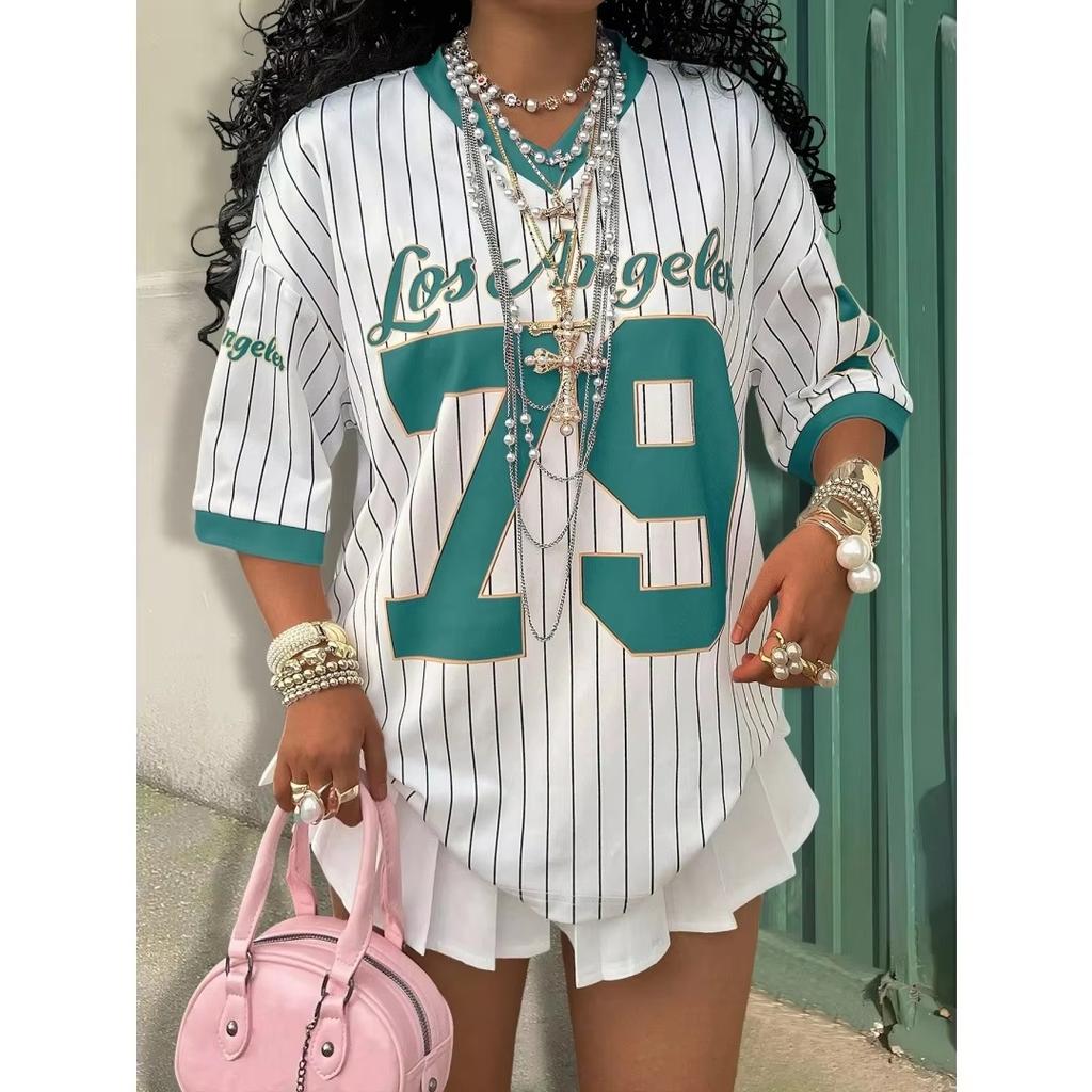 2026 Summer New Los Angeles 79 Print Stripe T-shirt For Women V-Neck Short Sleeve Sports Football Jersey Y2K Loose Oversized Top
