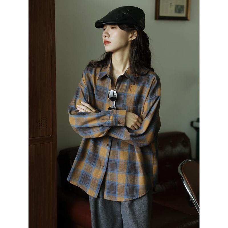 Простой Ретро Дизайн Свободная Фланелевая Рубашка Весна и Осень Новинка Пуговицы Мода Топ с Длинным Рукавом