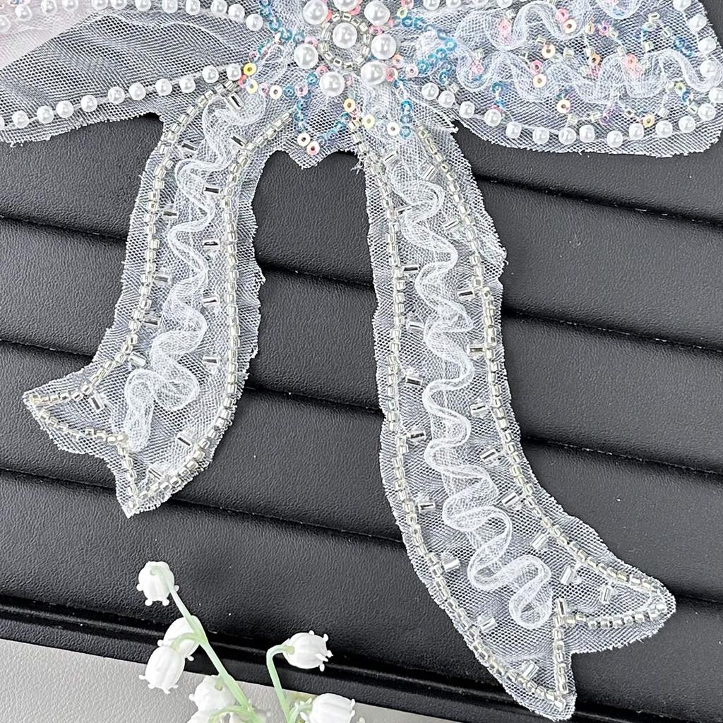 White Three-Dimensional Pearl Embellished Mesh Sequined Lace Butterfly Cloth Sticker Versatile Clothing Bag Accessories Decoration