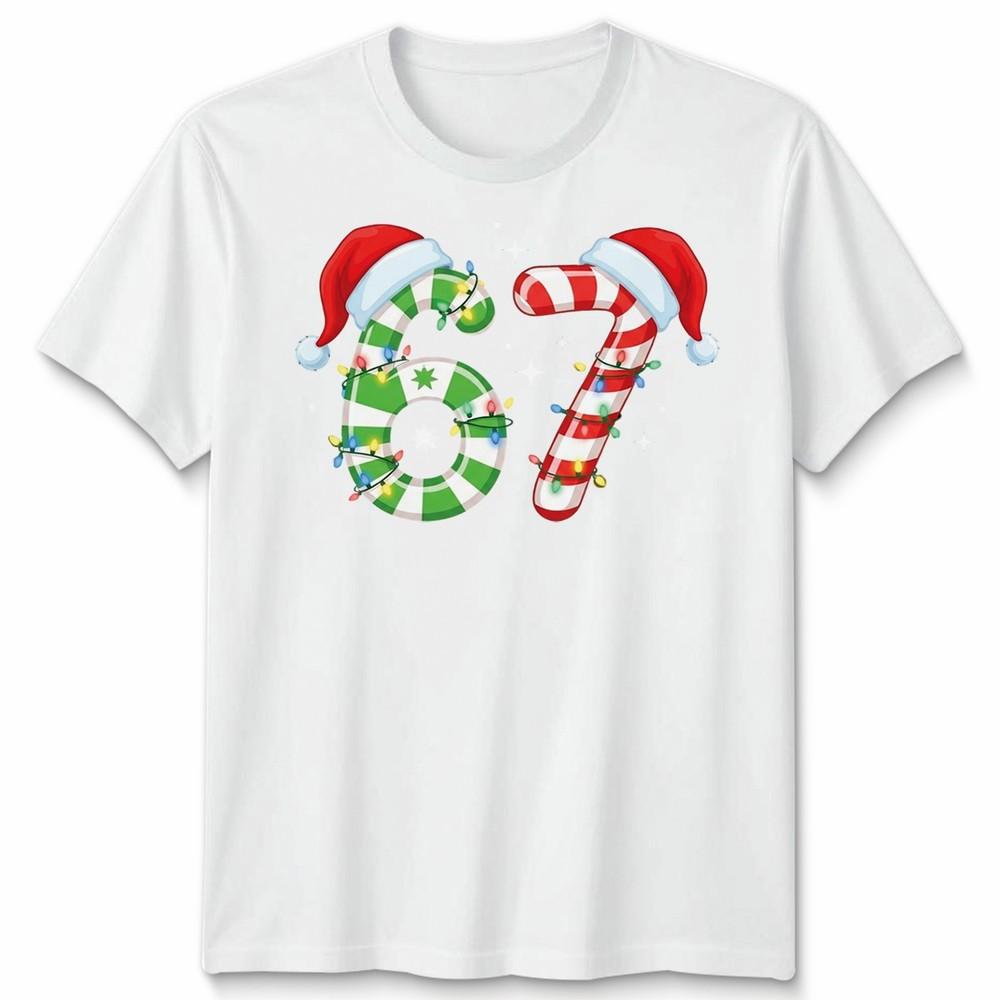 Six Seven 67th Birthday Christmas Candy Cane Numbers Unisex Unisex Graphic Tee