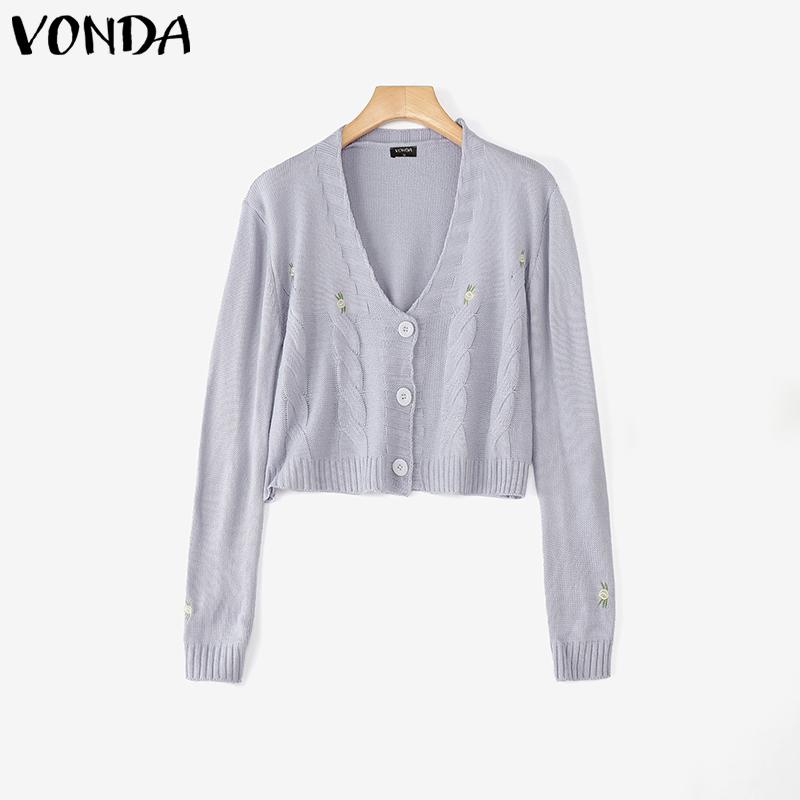 VONDA Autumn Winter Women Long Sleeve Embroidery Casual Short Knitted Sweaters Cardigans