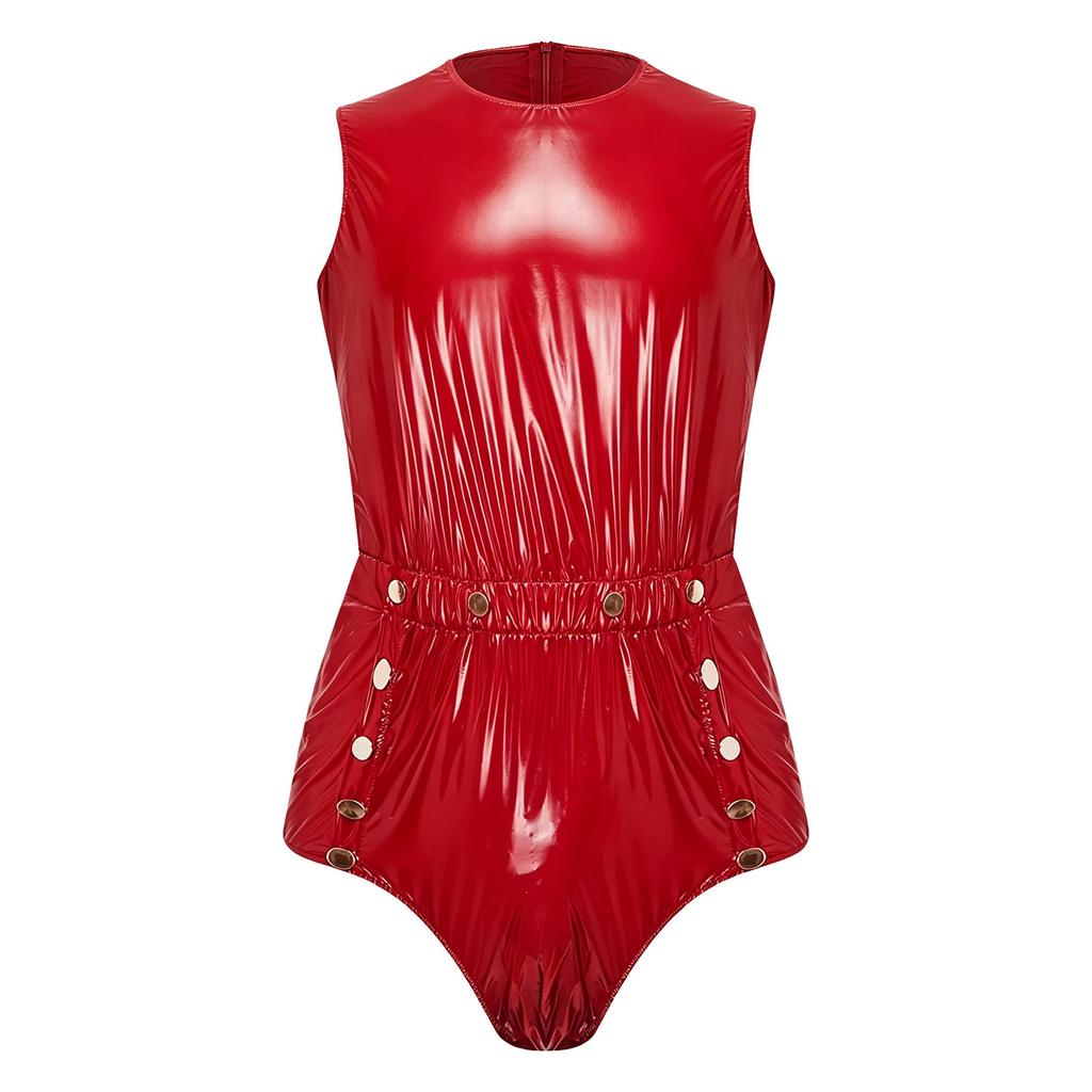 Mens Waterproof Bodysuit Sleeveless Openable Crotch Buttons Back Zipper Elastic Waistband Romper