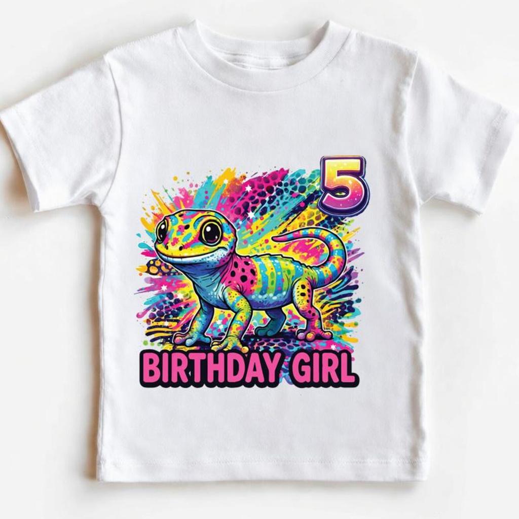 Custom Rainbow Gecko Birthday Shirt, 90s Inspired Reptile Tee, Y2K Colorful Kids Party Tee, Personalized Age Birthday Girl Boy T-Shirt