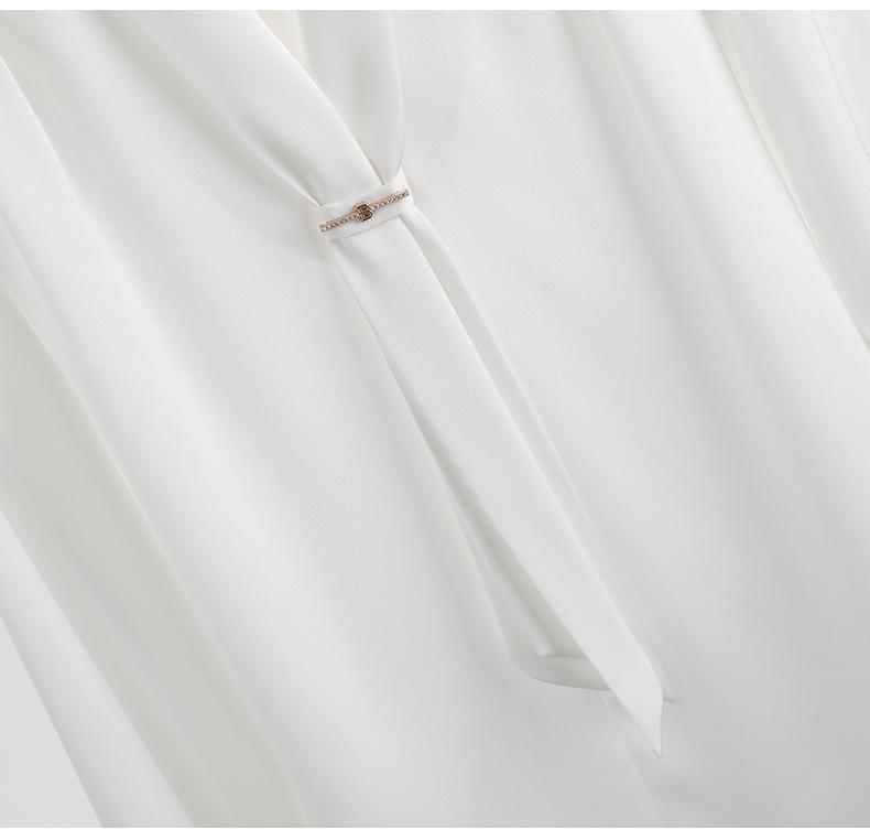 Весна 2024 Женская блузка из струящегося атласа с воротником-стойкой и завязками - Свободный крой, Профессиональный OL-дизайн