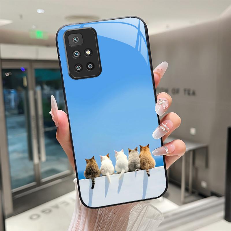 For Xiaomi Redmi 10 Prime 2022 Phone Case Tempered Glass Hard Shell flower Cute cats Coque For Redmi10 10Prime 2022 Back Cover