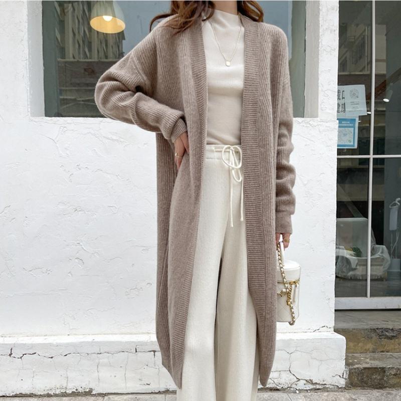 Вязаный женский кардиган осень-зима повседневный V-образный вырез средней длины пальто модный свободный однотонный офисный женский свитер