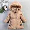 Winter Korean Girls' Mid-Length Cotton Coat with Heart-Shaped Diamond Pattern and Fur Collar Hood