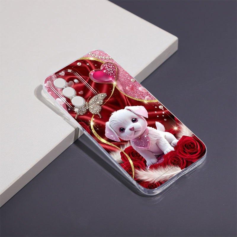 Чехол для телефона с рисунком Красная Роза и Милый Щенок для Samsung Galaxy S26 S25 S24 S23 S22 S21 S20 fe/plus/Ultra Прозрачный Защита от падений