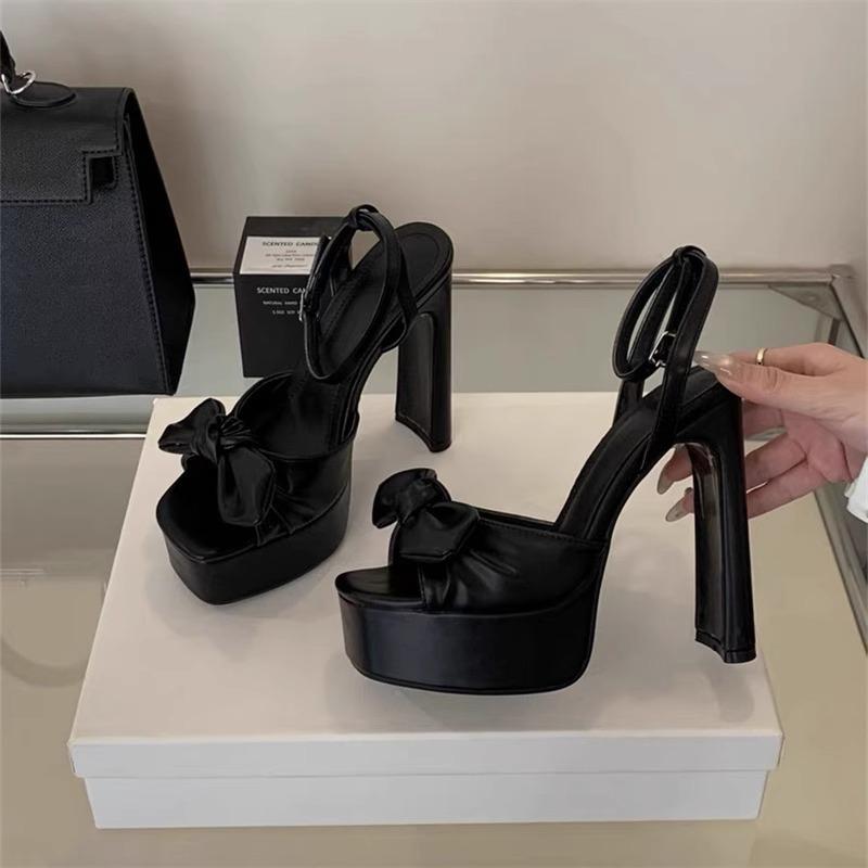 Французский стиль не устающие ноги толстый каблук сандалии женские 2025 лето новые квадратный носок бант водонепроницаемая платформа с юбкой высокий каблук