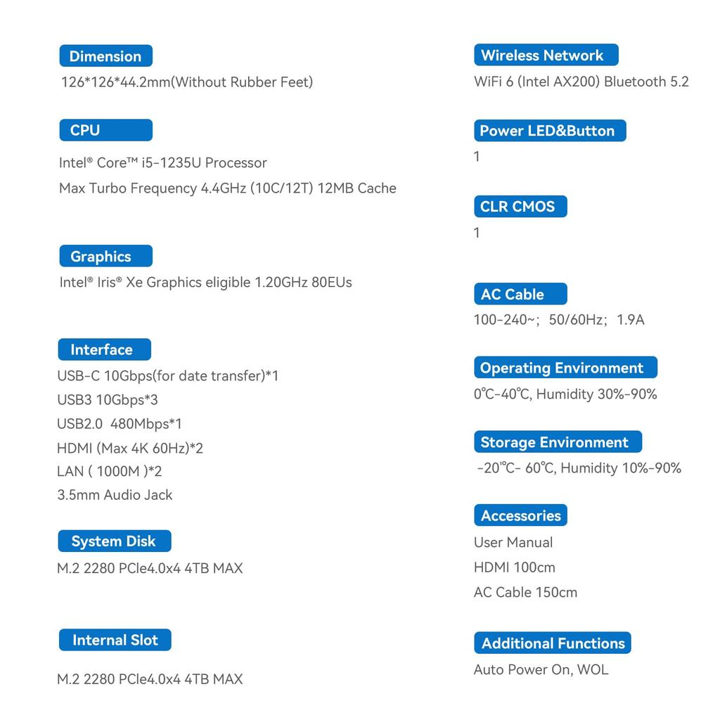 Beelink EQi12 Mini Intel Core I5 1235U 16GB 500GB PCIe Dual Dual Dual WiFi BT PC, 10C/12T 4.4GHz Processor, DDR4, SSD, M.2 4.0, Display, HDMI, LAN, 6,