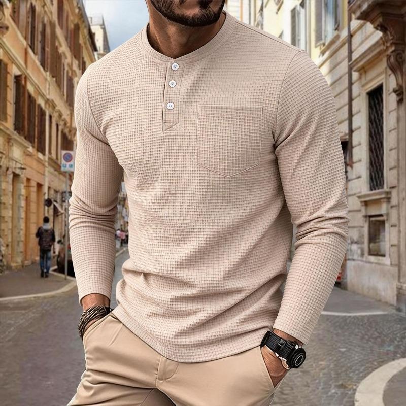 Мужская винтажная простая свободная футболка-henley с длинным рукавом.
