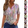 Women's Casual Sequin Printed V-Neck Short Sleeve Decorative Button T-Shirt Top