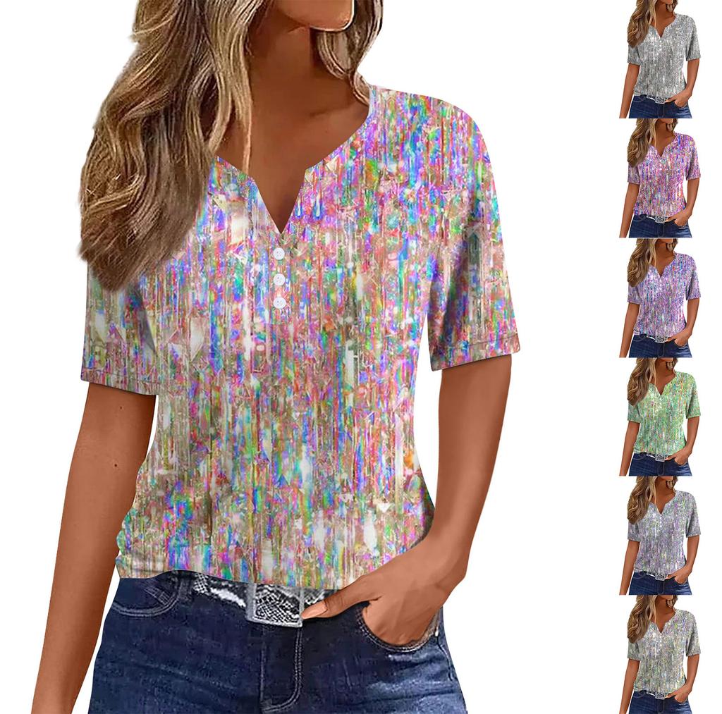 Women's Casual Sequin Printed V-Neck Short Sleeve Decorative Button T-Shirt Top