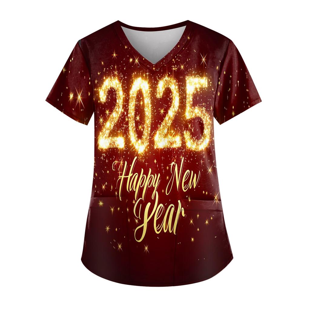 Women's Fashion New Year Printed Short Sleeve V-Neck Top Small Pocket Work T-Shirt