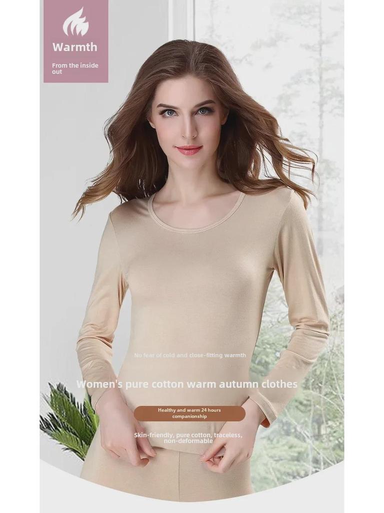 Женский термосвитер из чистого хлопка с длинными рукавами - круглый вырез, теплый топ на осень/зиму