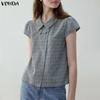 Ethnic Women Lapel Short Sleeve Buttons Up Polka Dots Print Casual Blouse