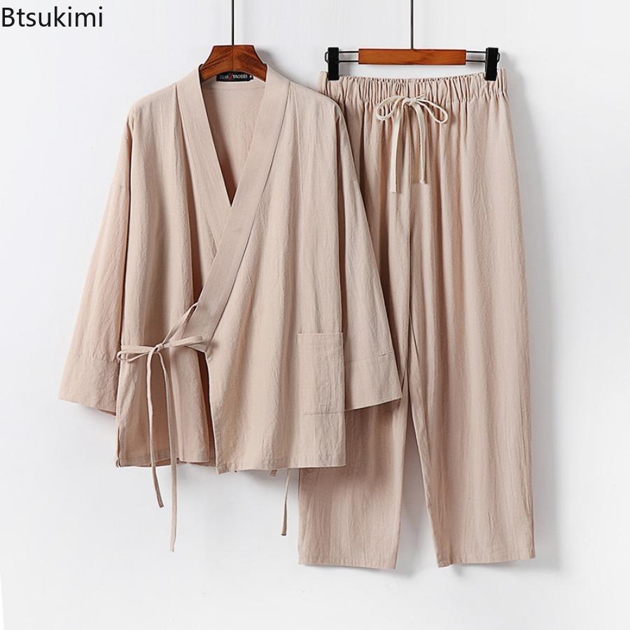 Мужской летний хлопково-льняной костюм из двух частей в китайском стиле на шнуровке, кимоно-топ + брюки, повседневный костюм, мужской винтажный костюм ханьфу, костюм тан, M-9XL