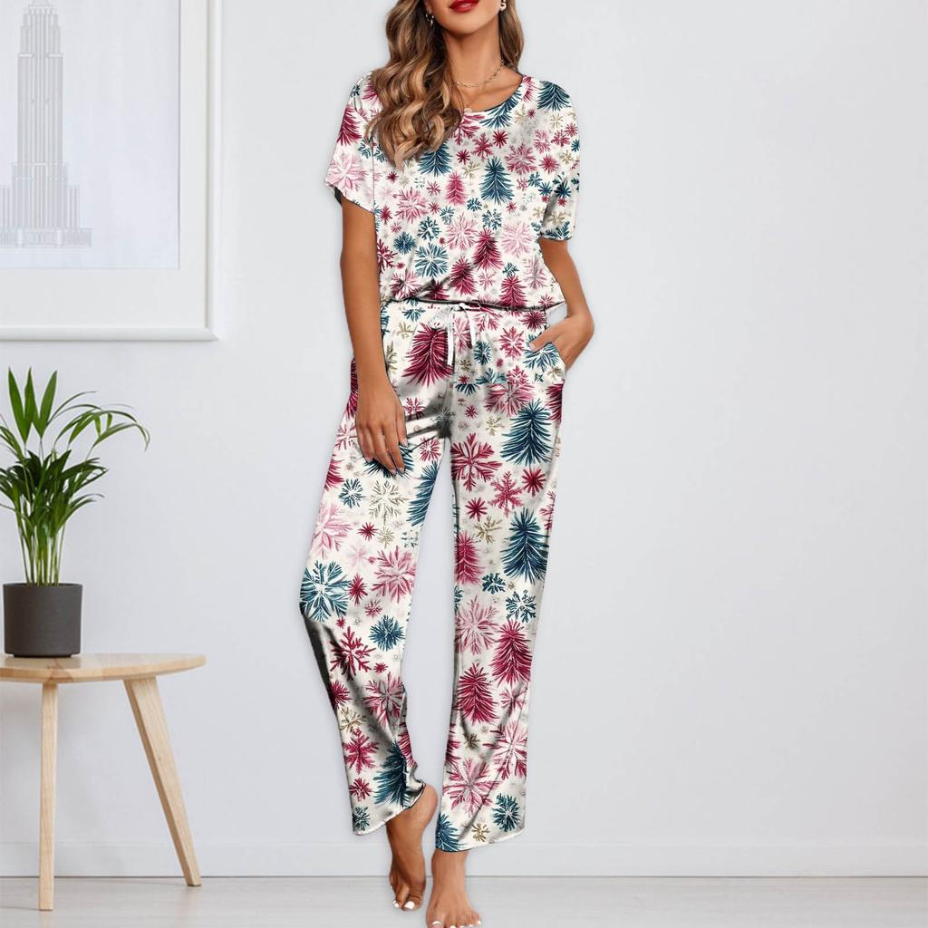 Женский шелковый атласный пижамный комплект с рождественским принтом, рубашка с коротким рукавом и длинные пижамные штаны, мягкая домашняя одежда