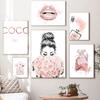 Nordic Pink Fashion Wall Posters Perfume Bottle Canvas Painting Lips Wall Art Modern Flower Print Pictures Girl Bedroom Decor