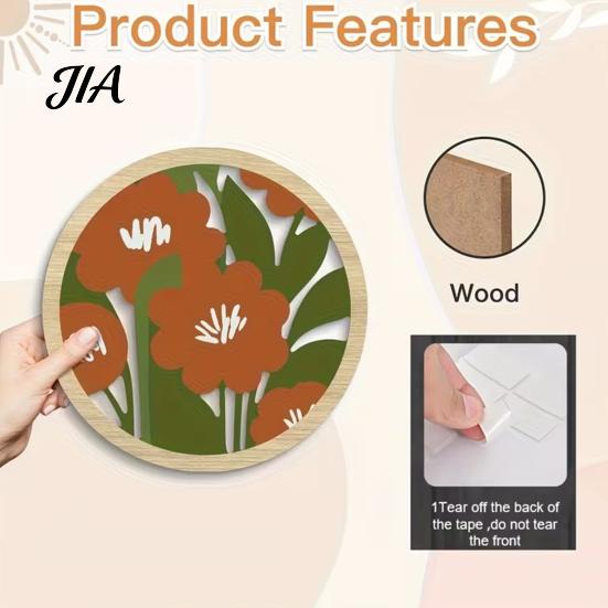 Living Room Ornaments 4Pcs Boho Wooden Round Wall Decor, 2D Floral Hanging Ornaments, Decor Farmhouse Aesthetic Art for Bedroom Bathroom Patio Rustic