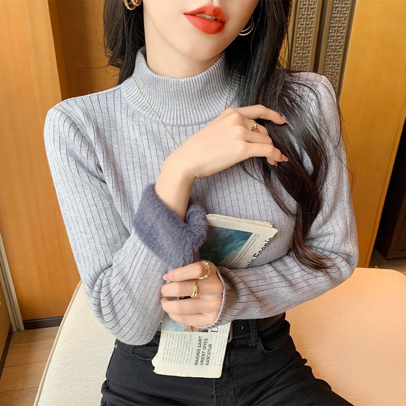 Топ-водолазка в рубчик, интегрированный, из искусственного норкового бархата, женский осенне-зимний прилегающий внутренний теплый вязаный свитер